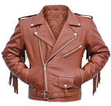 Mens Classic Style Fringe Tan Leather Motorcycle Jacket Concealed Carry