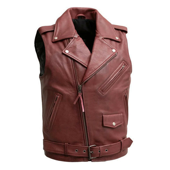 Men's Classic Sleeveless Biker Style Classic Vest Belted Motorcycle Leather Vest