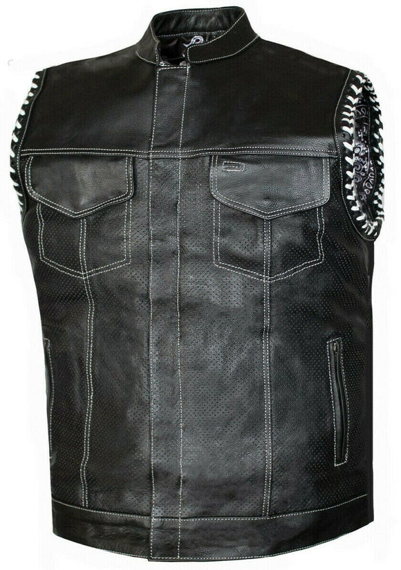 Mens Club Style Perforated Paisley Liner Motorcycle Concealed Carry Leather Vest